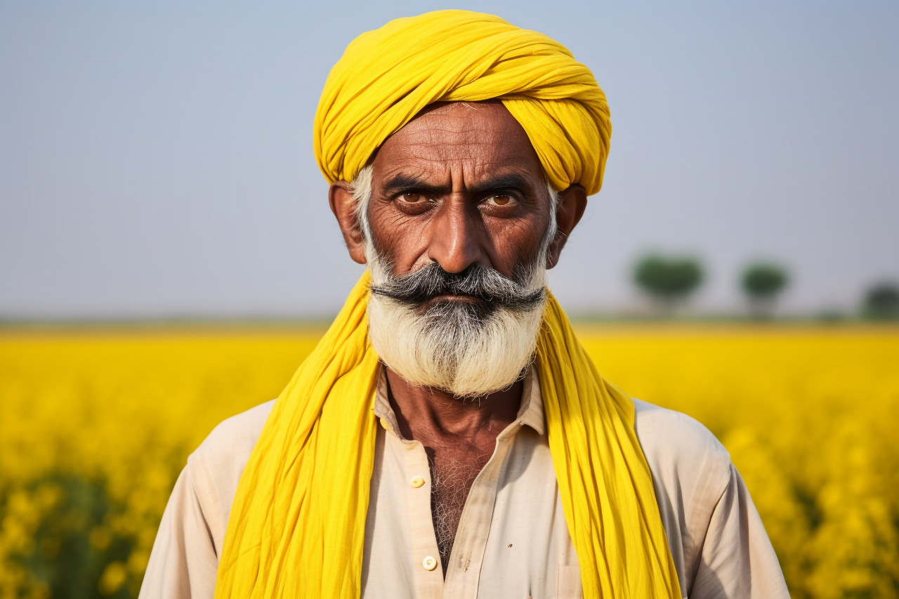 Angry indian farmer in mustard field