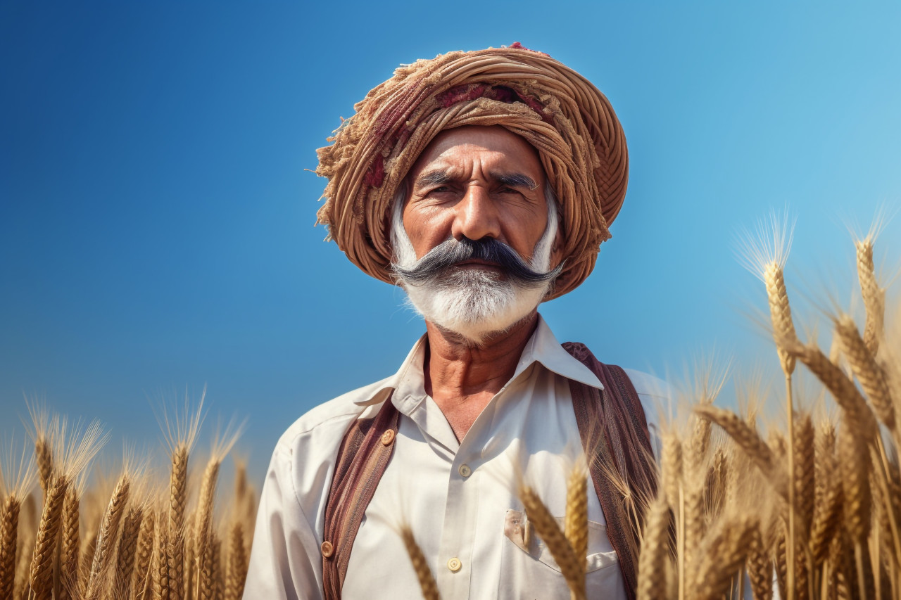 Senior indian farmer in wheat field