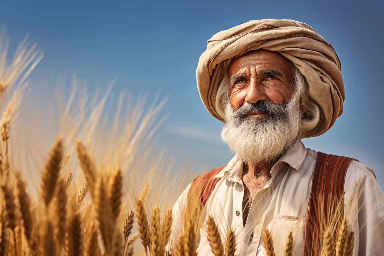 Senior indian farmer in wheat field