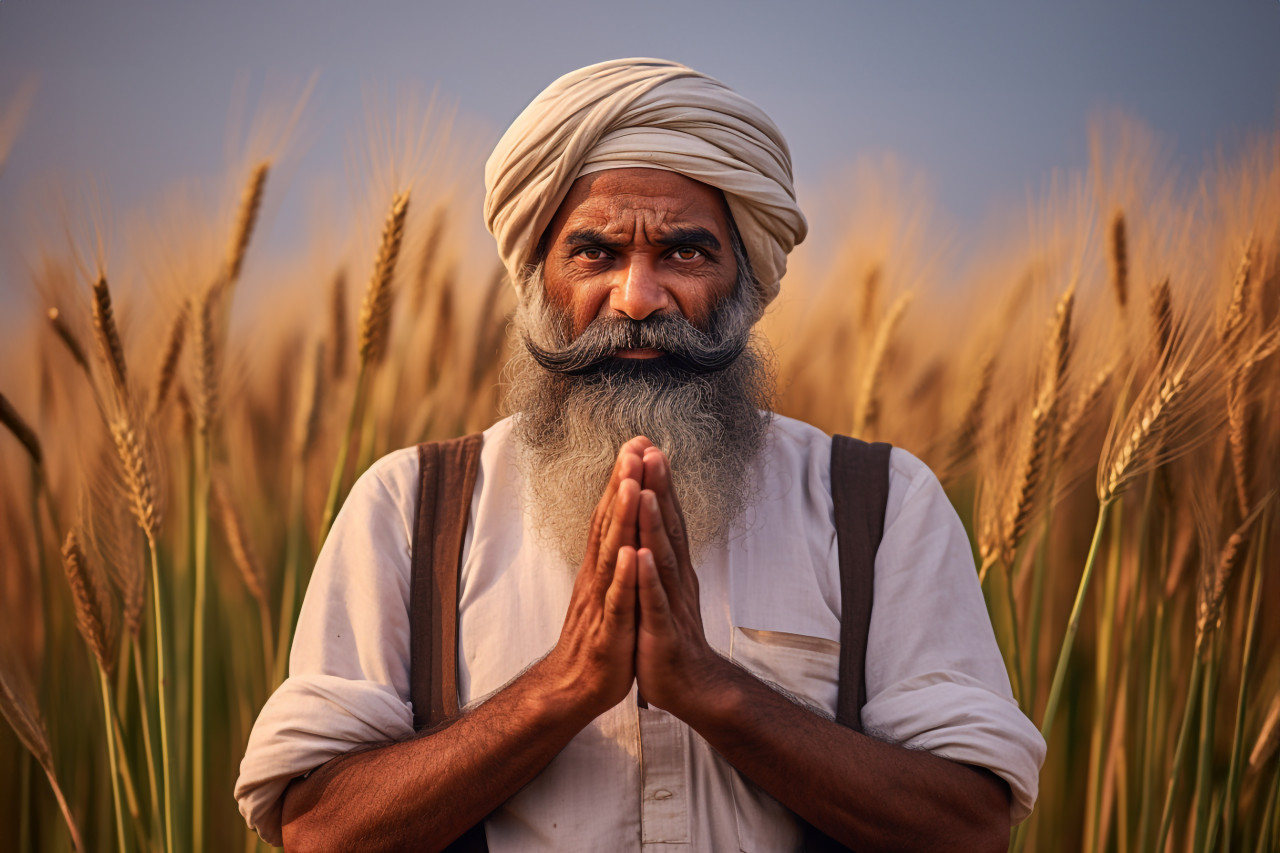 Indian farmer standing in his wheat field
