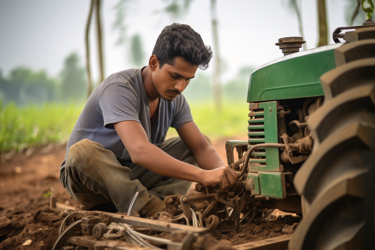 Hardworking indian farmer in field with farm tools