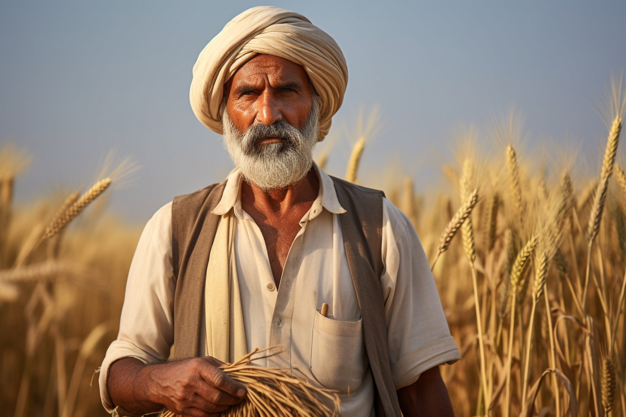 Indian farmer standing in his wheat field