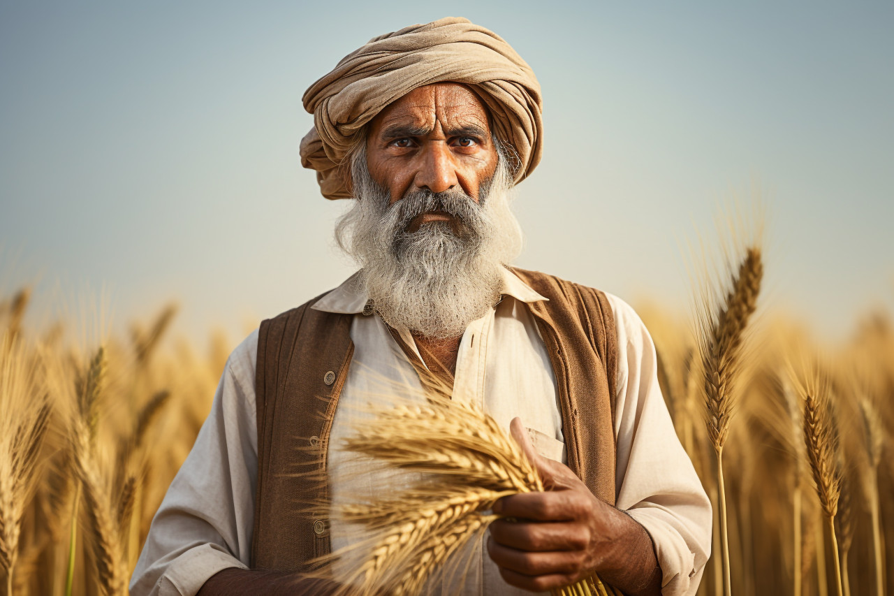 Indian farmer standing in his wheat field