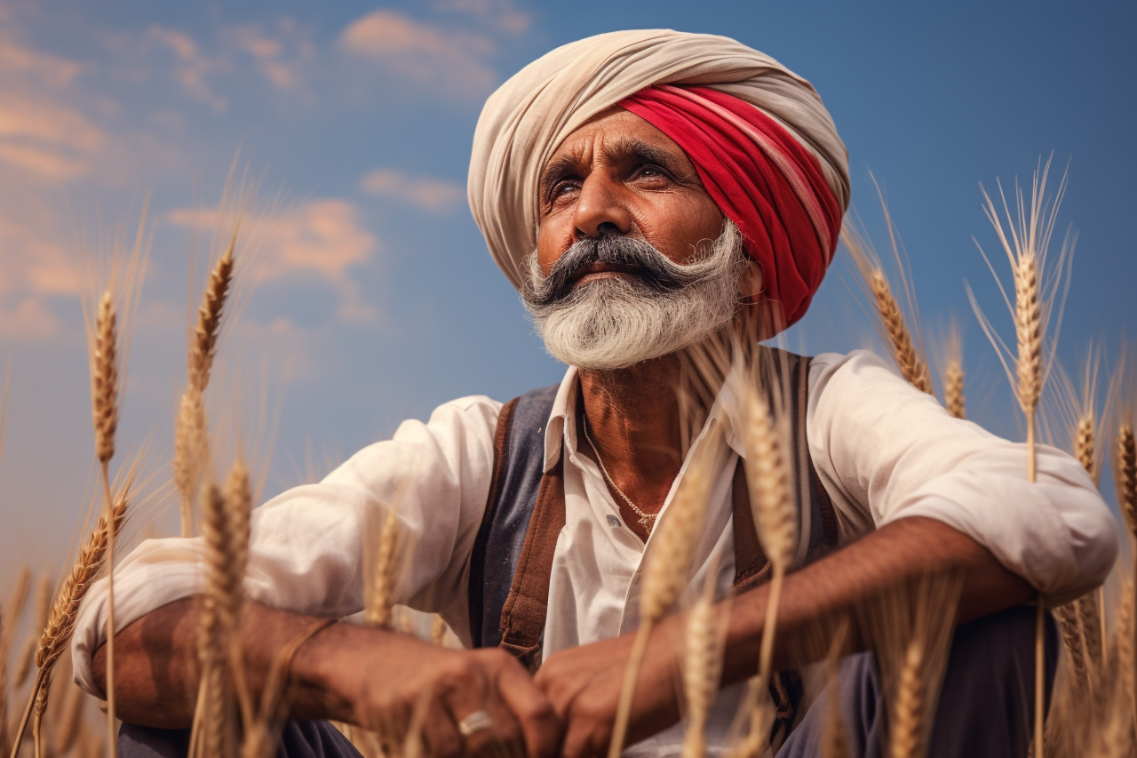 Senior indian farmer in wheat field