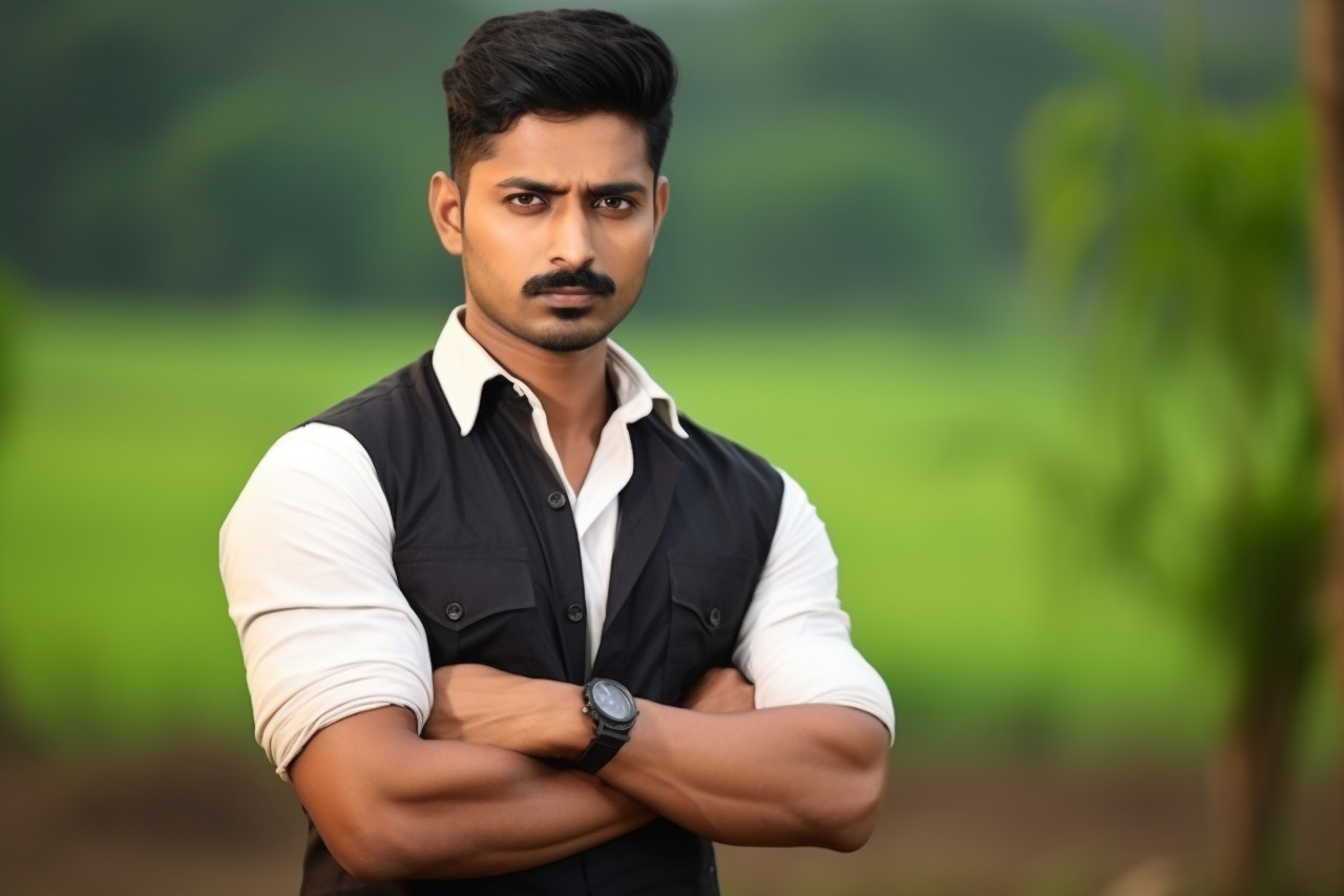 Young indian farmer posing confidently in farmland