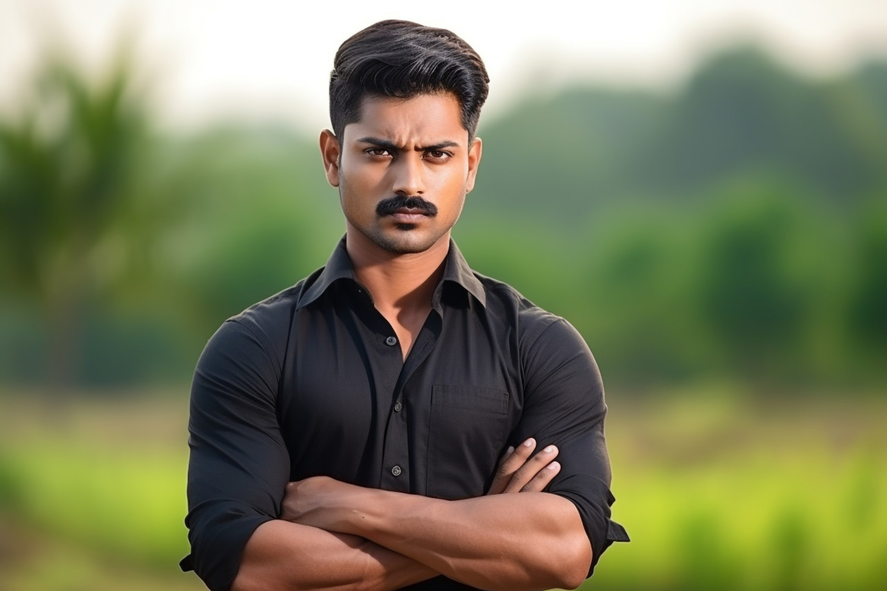Young indian farmer posing confidently in farmland