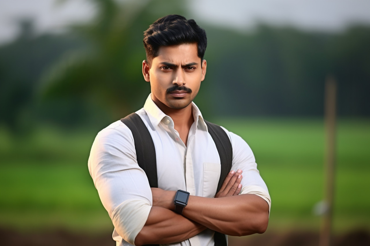 Young indian farmer posing confidently in farmland