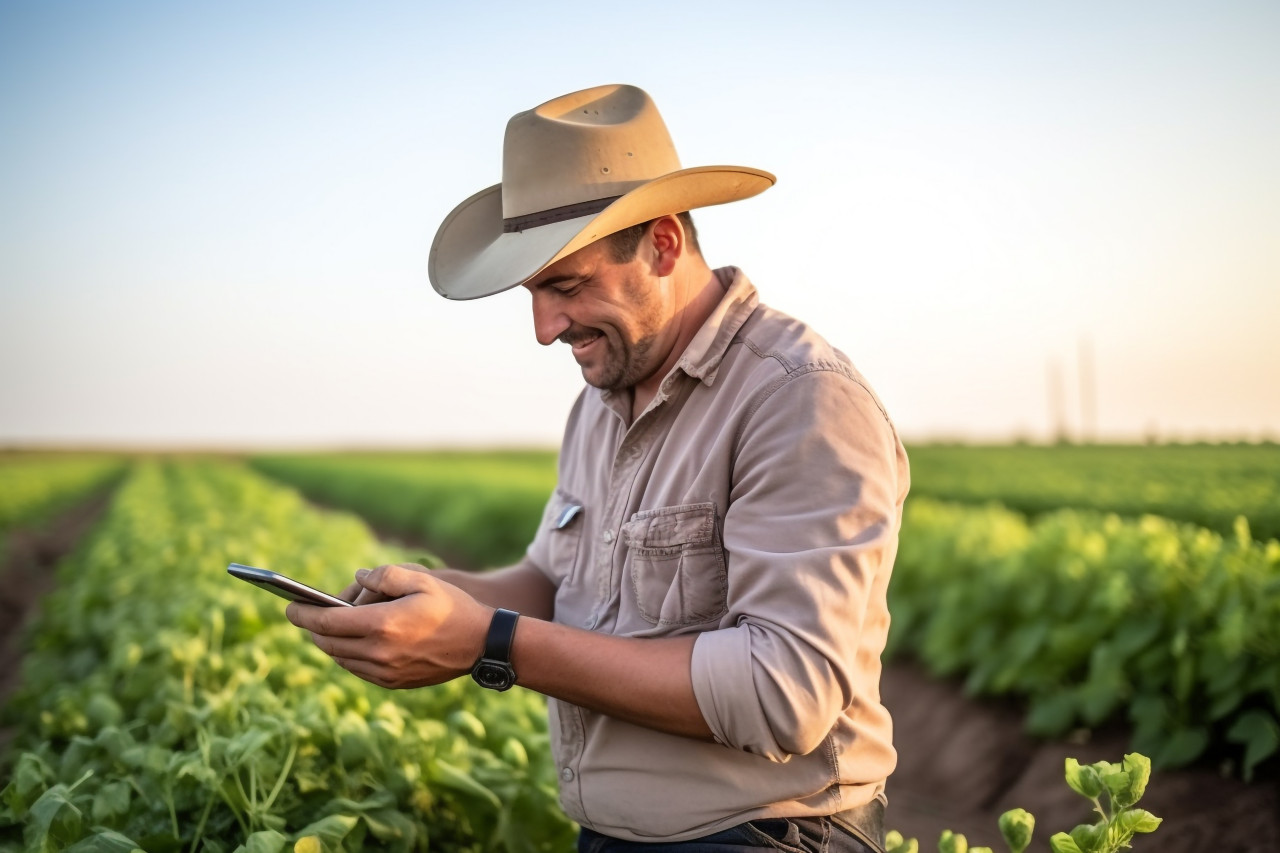 Happy young farmer checks crop growth on mobile