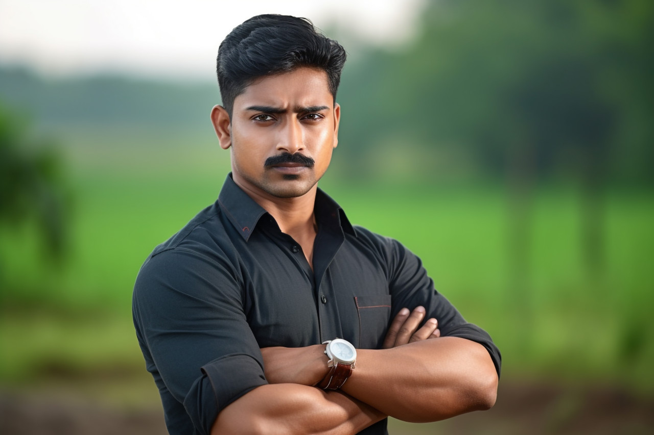 Young indian farmer posing confidently in farmland