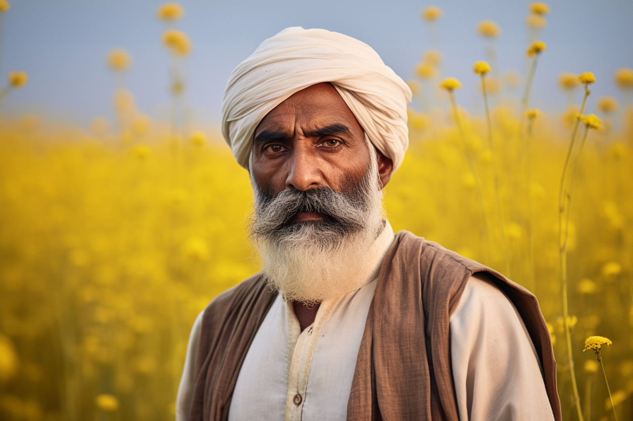 Angry indian farmer in mustard field photo