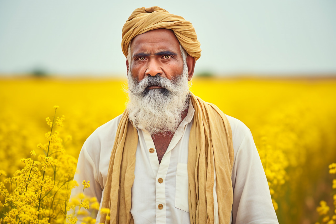 Angry indian farmer in mustard field photo