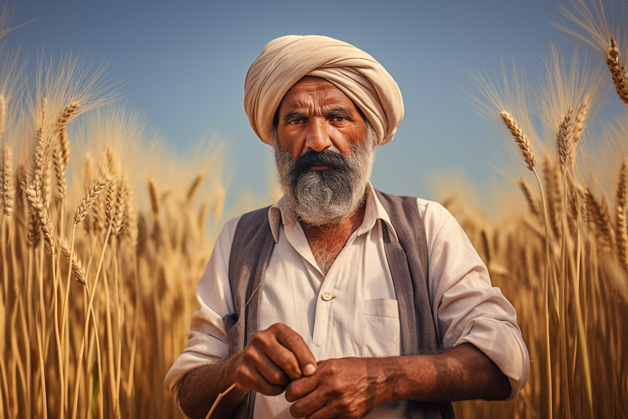 Indian farmer standing in his wheat field