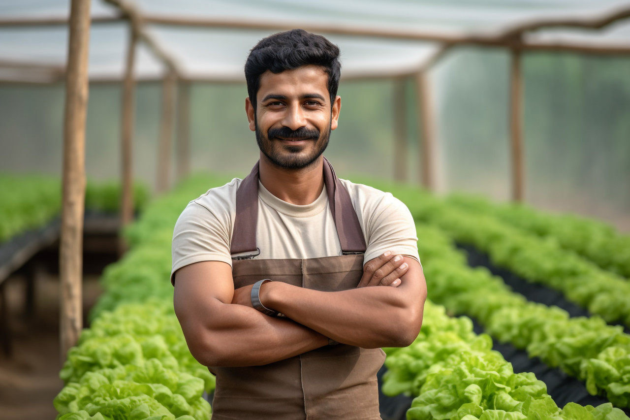 Young indian farmer standing in a polyhouse smiling