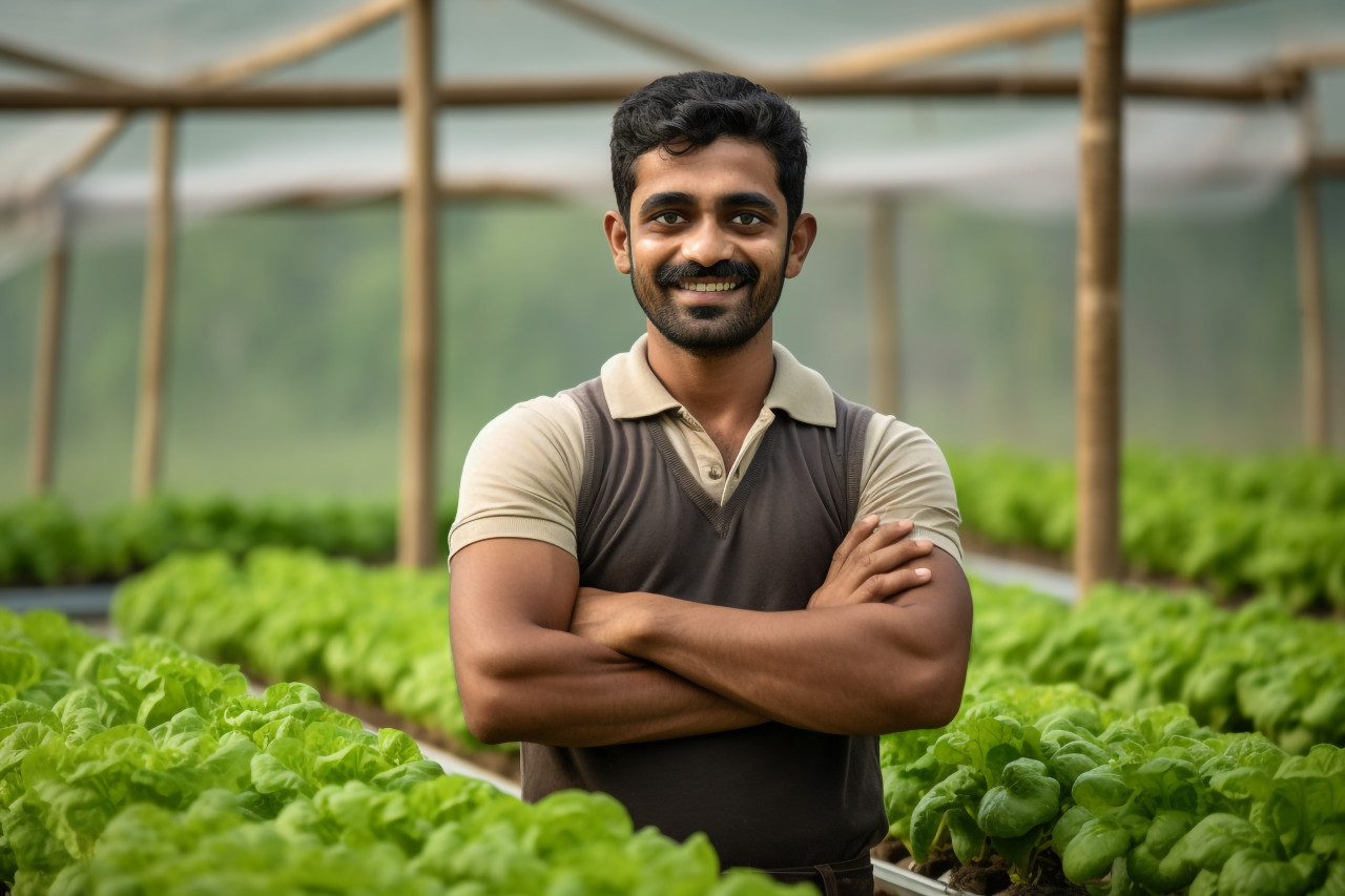 Young indian farmer standing in a polyhouse smiling