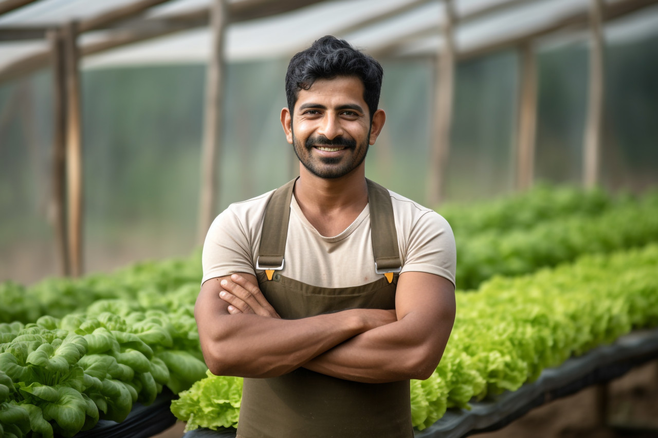 Young indian farmer standing in a polyhouse smiling