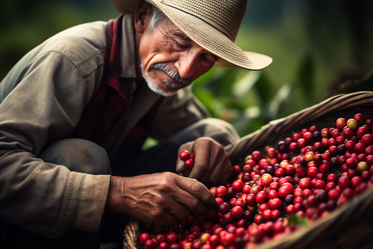 Coffee farmer picking beans in guatemala