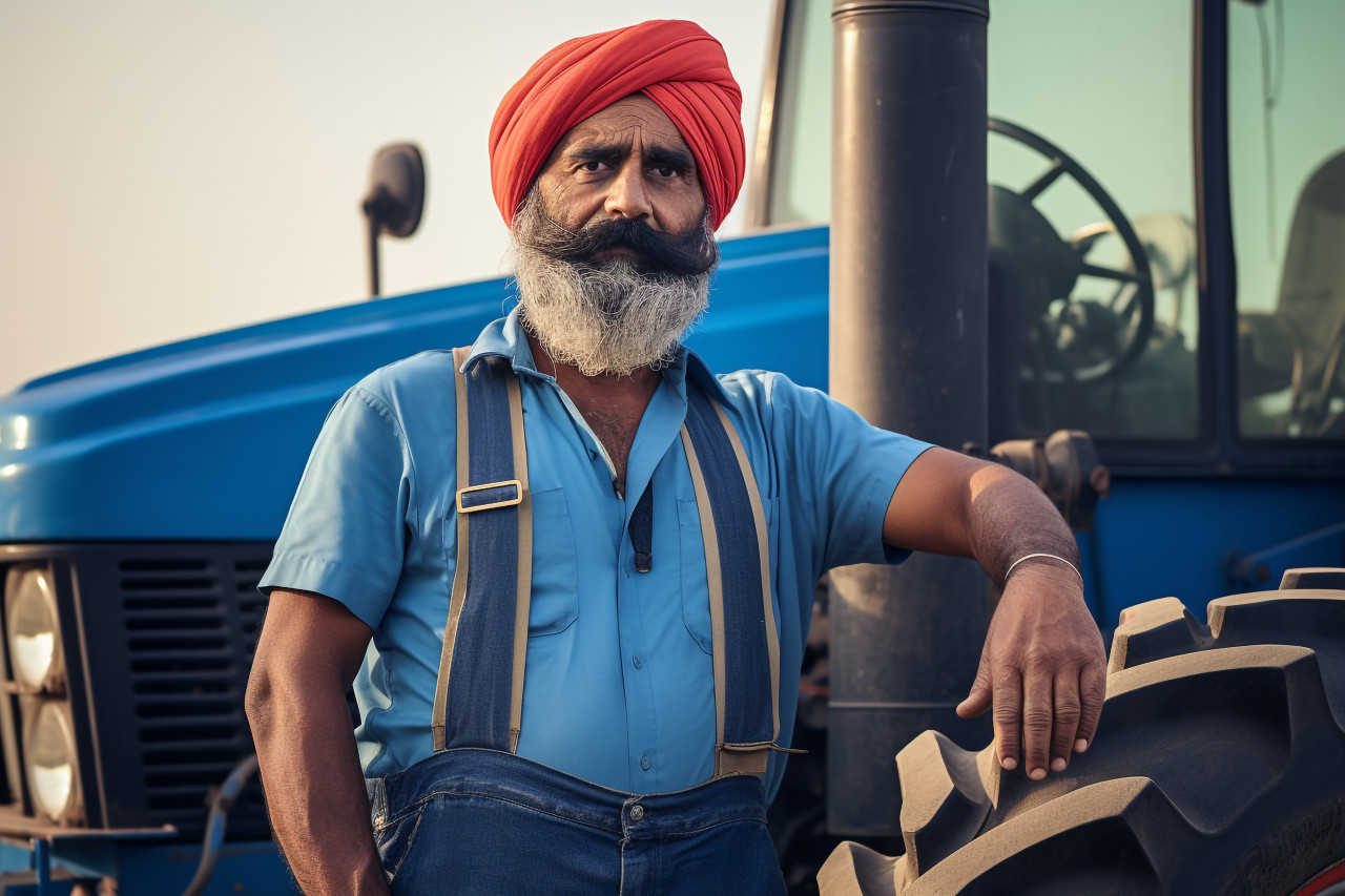 Indian farmer posing in front of tractor at agriculture field