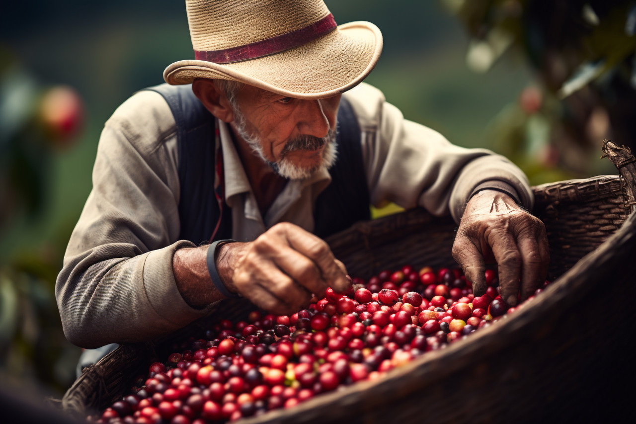 Coffee farmer picking beans in guatemala