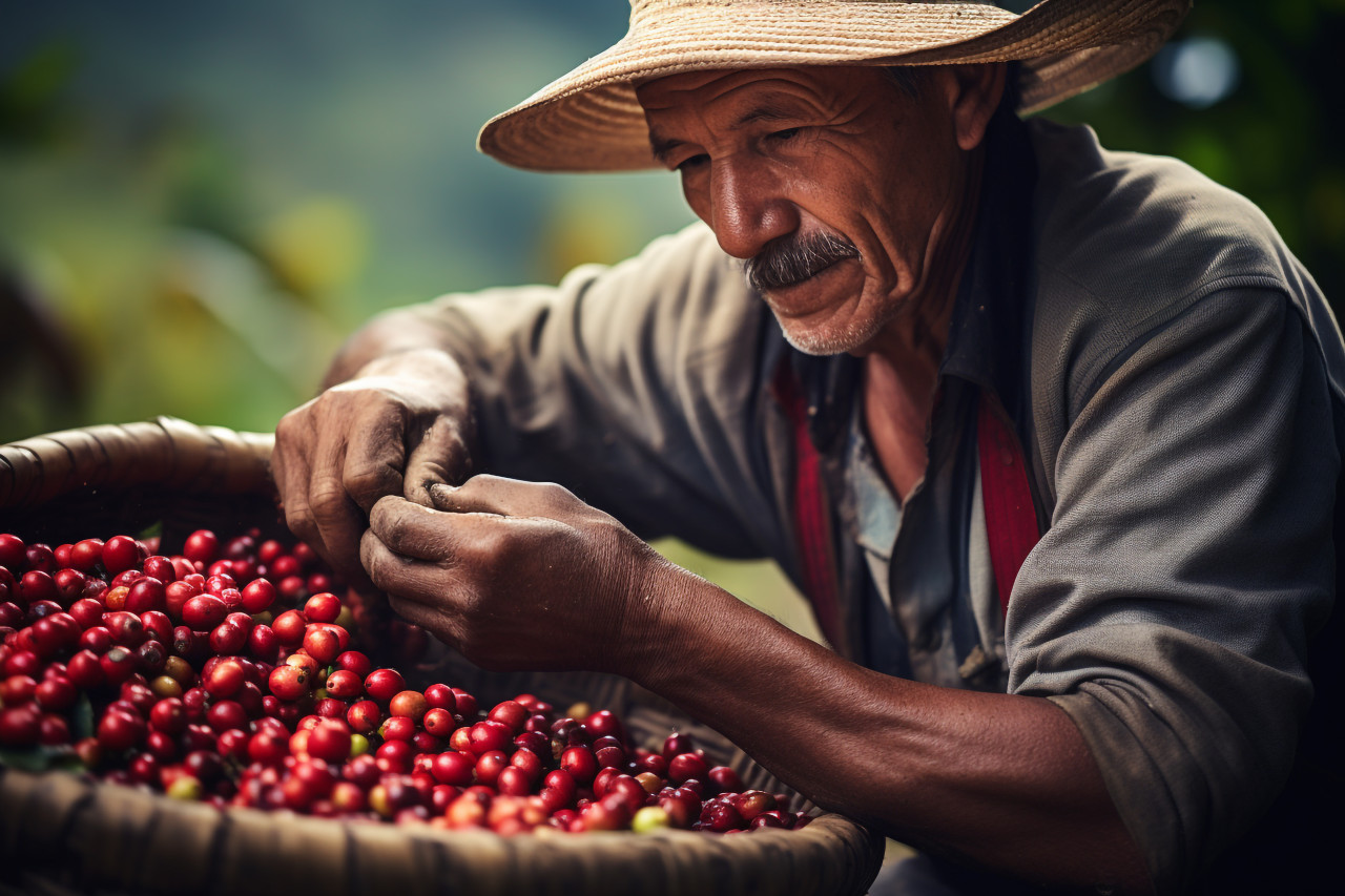Coffee farmer picking beans in guatemala
