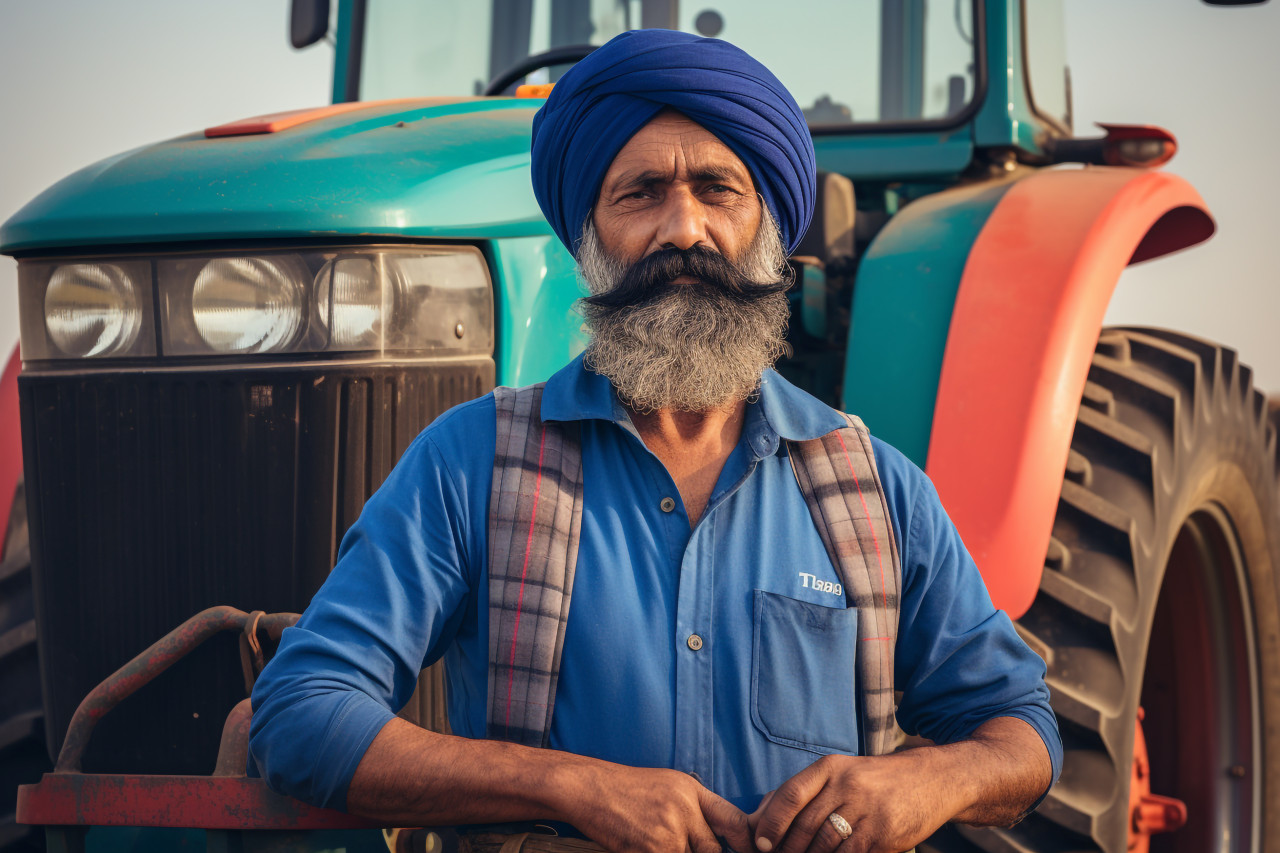 Indian farmer posing in front of tractor at agriculture field