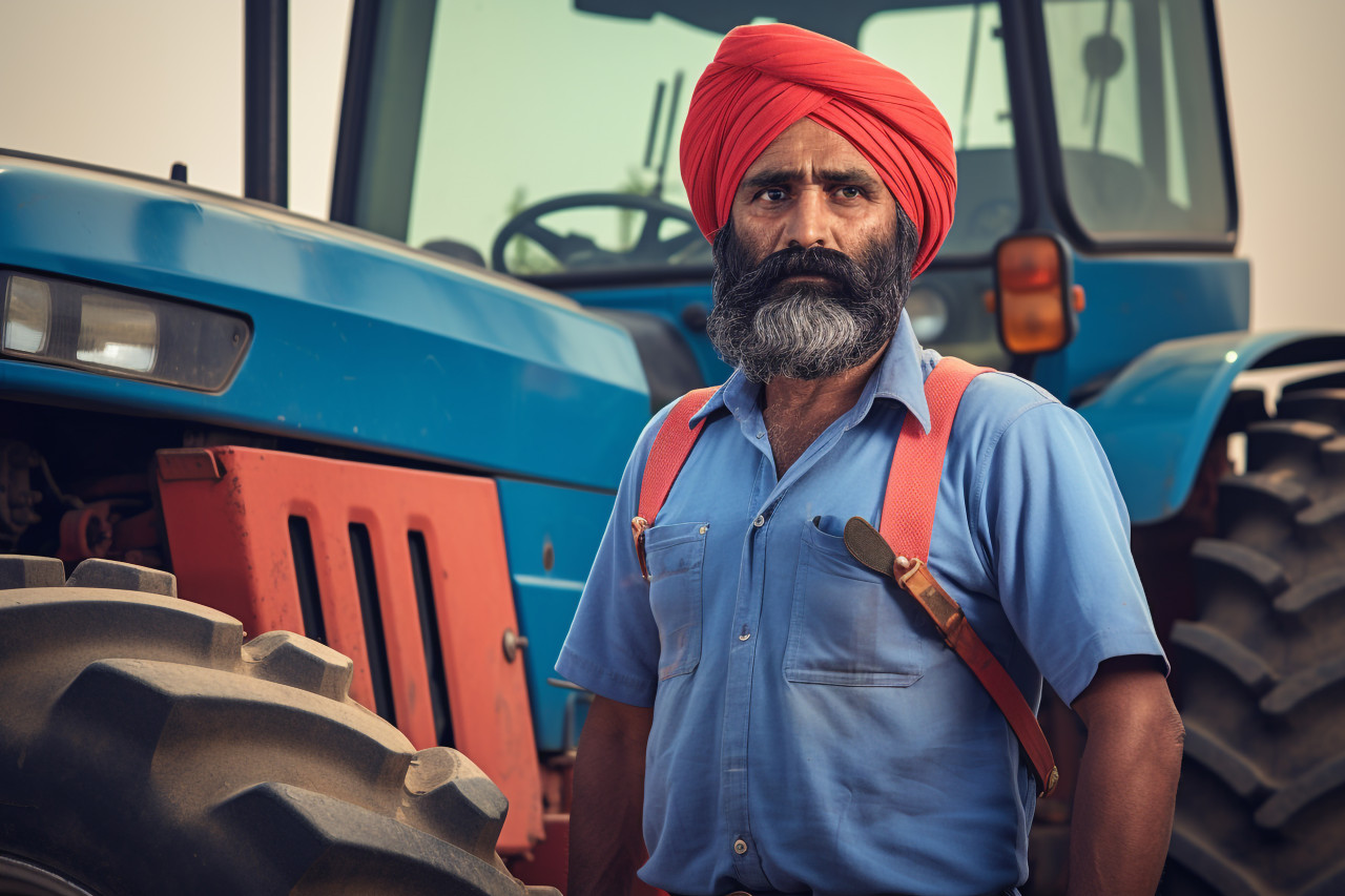 Indian farmer posing in front of tractor at agriculture field