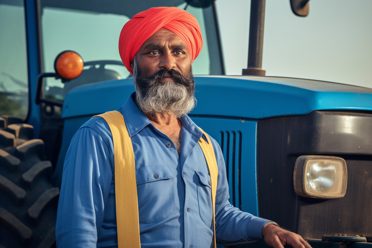 Indian farmer posing in front of tractor at agriculture field