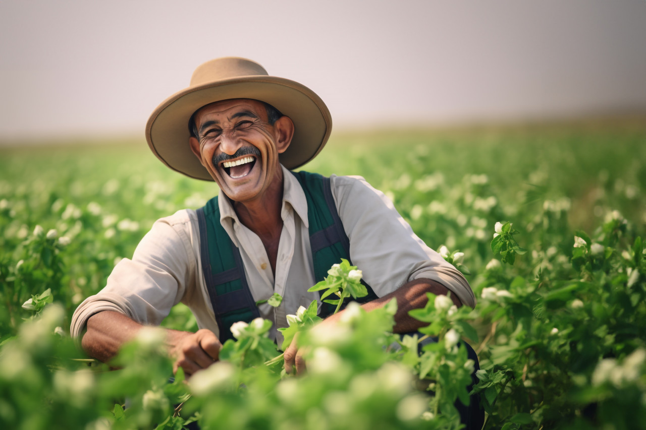 Indian farmer smiling in green cotton field