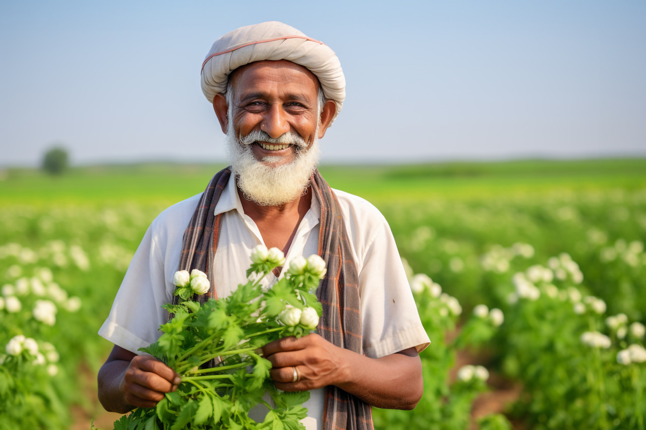 Indian farmer smiling in green cotton field