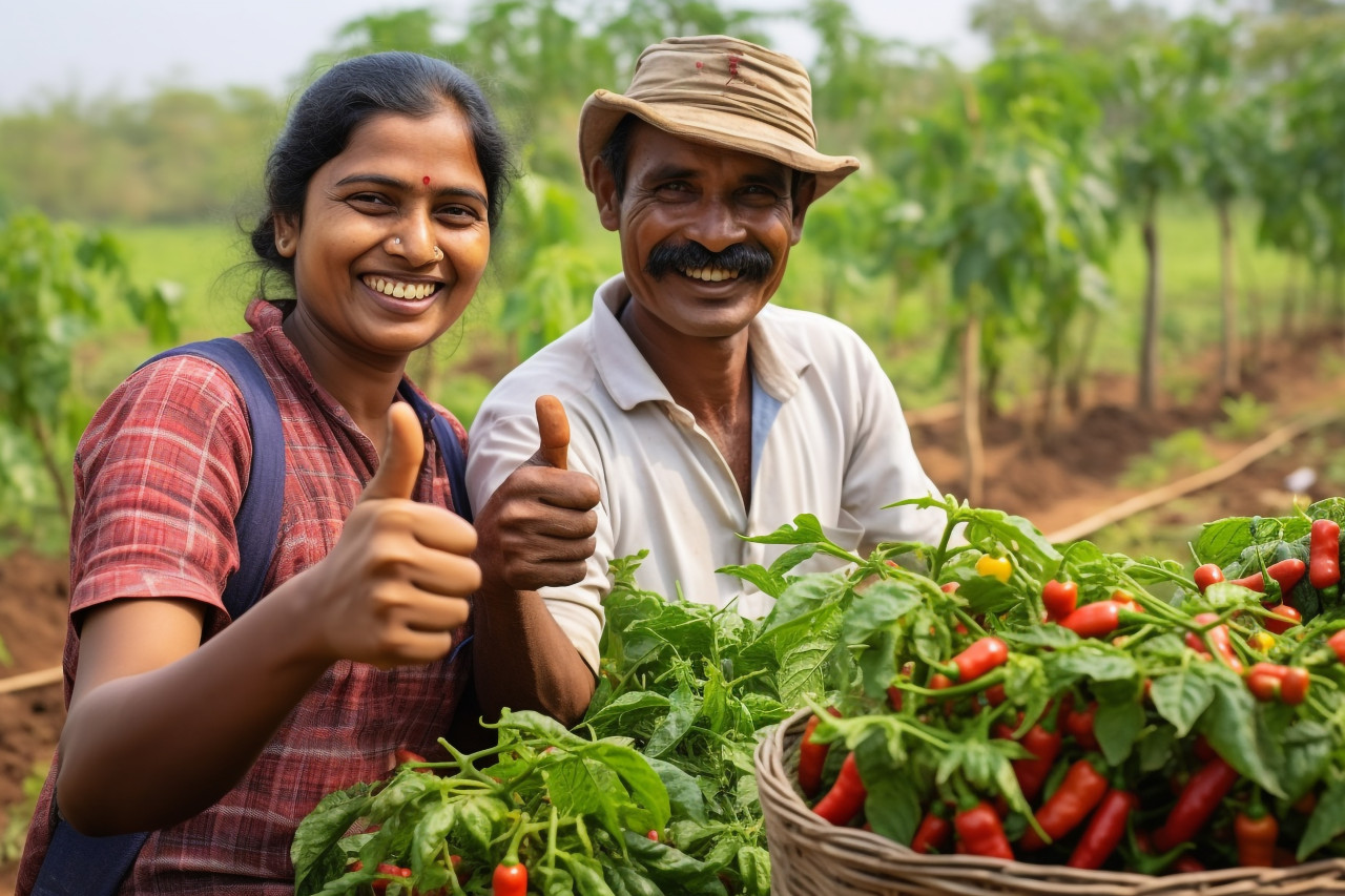 Indian farmer couple giving thumbs up