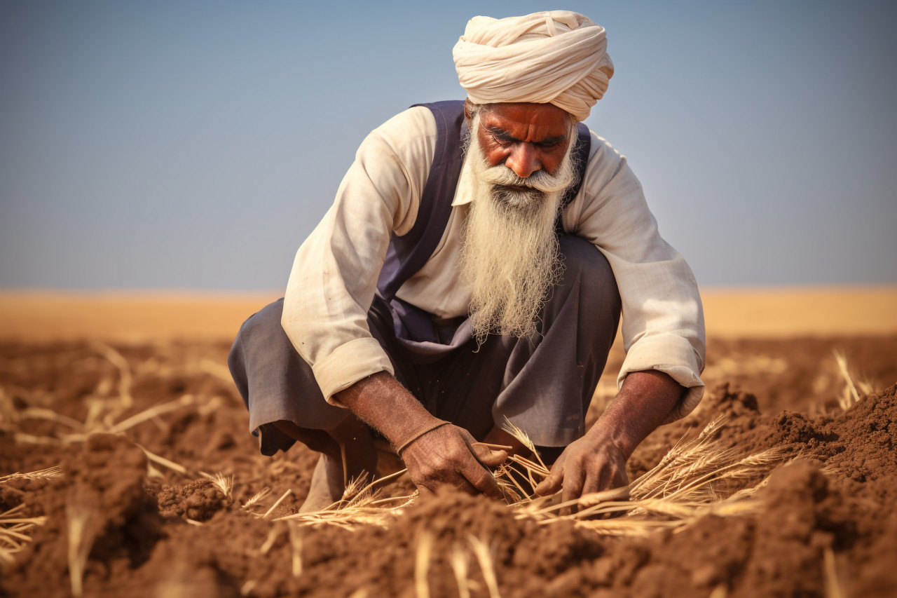 Indian farmer working in maharashtra wheat field