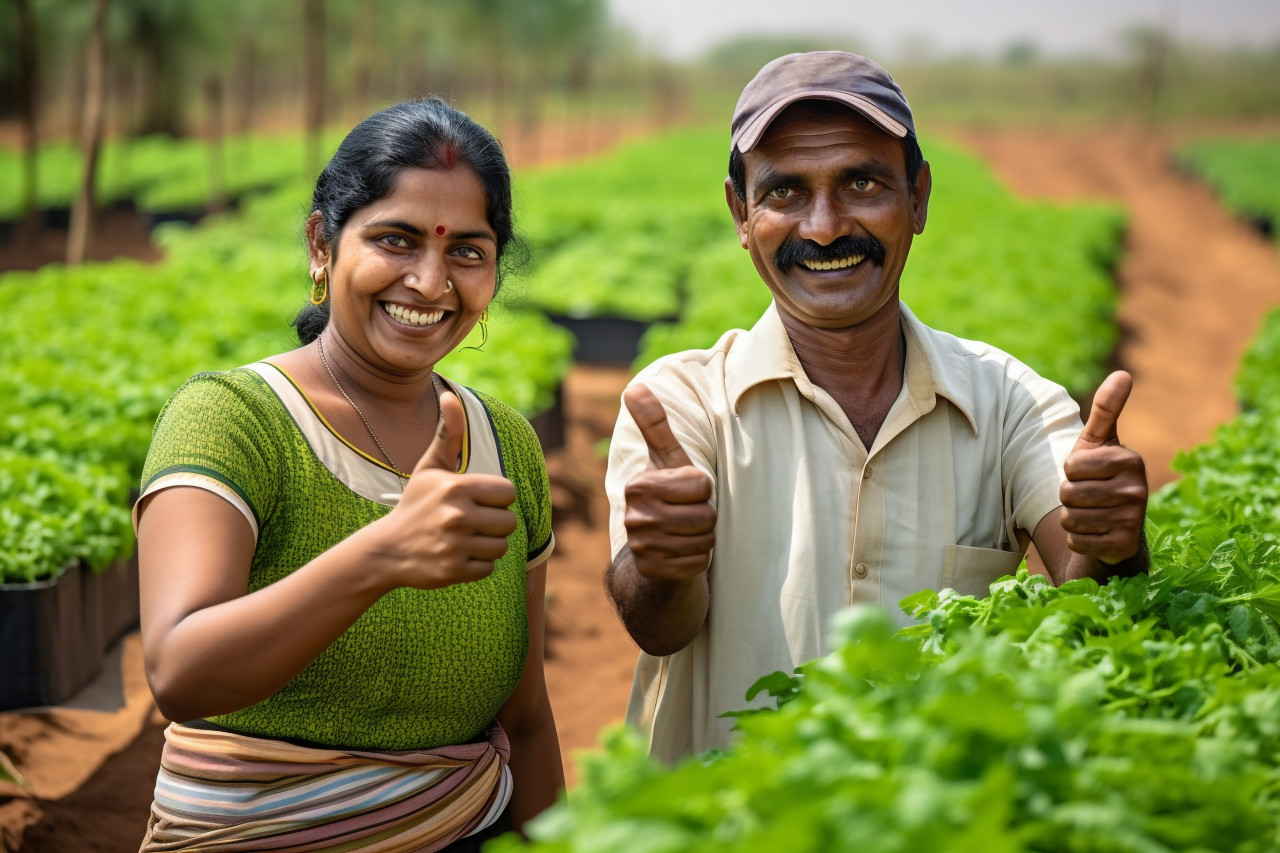 Indian farmer couple giving thumbs up