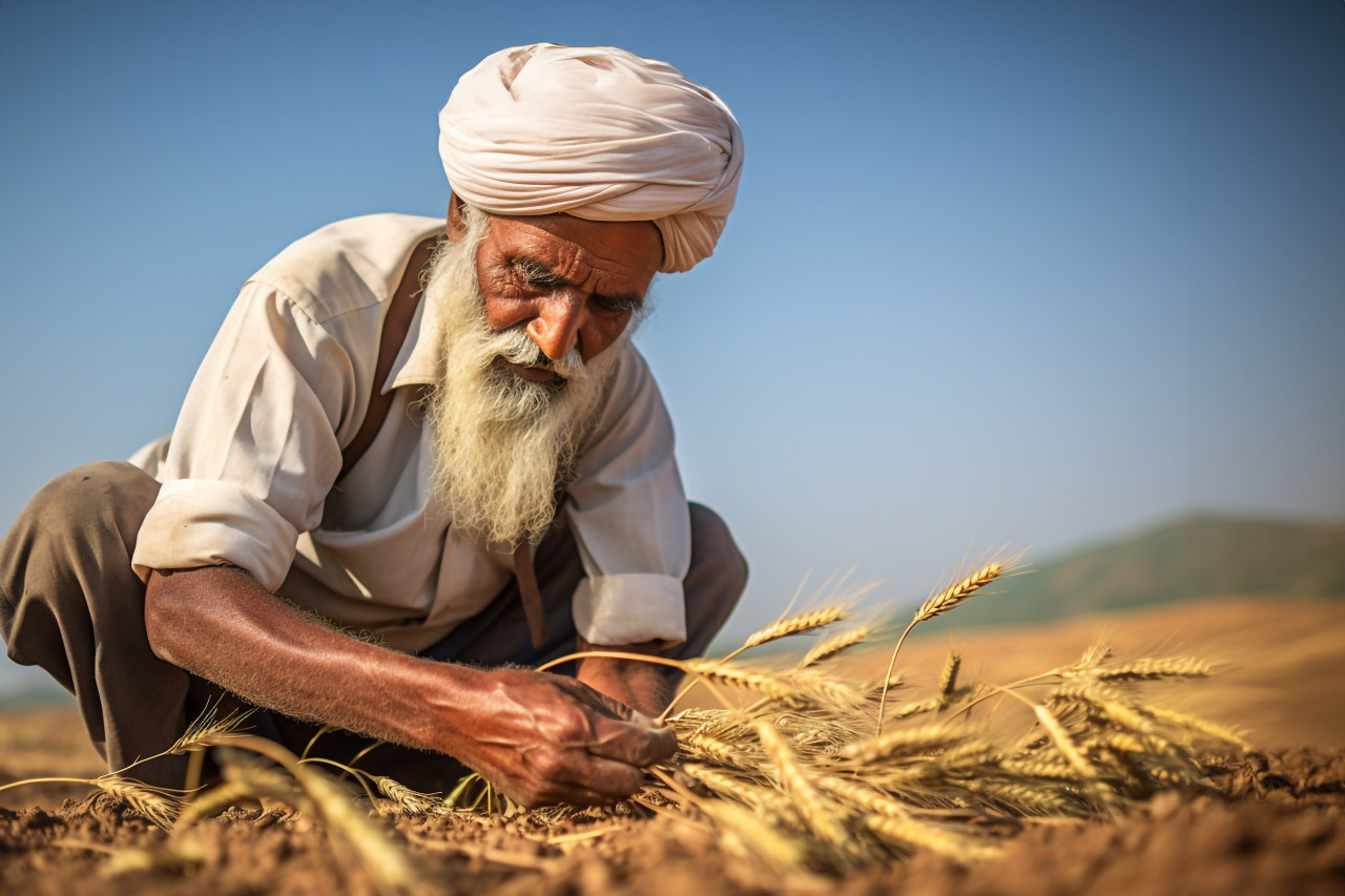 Indian farmer working in maharashtra wheat field