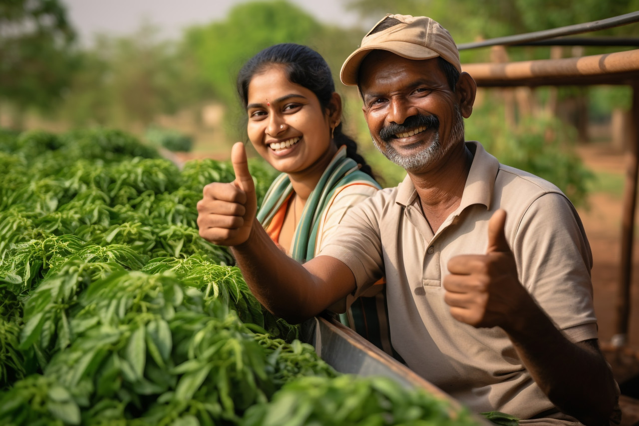 Indian farmer couple giving thumbs up