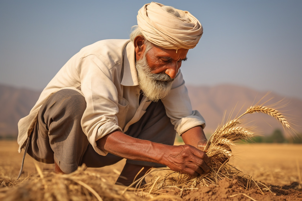 Indian farmer working in maharashtra wheat field