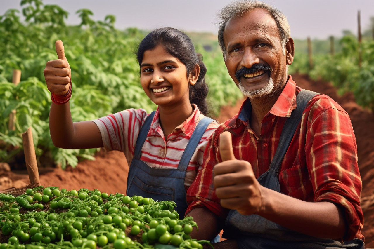 Indian farmer couple giving thumbs up