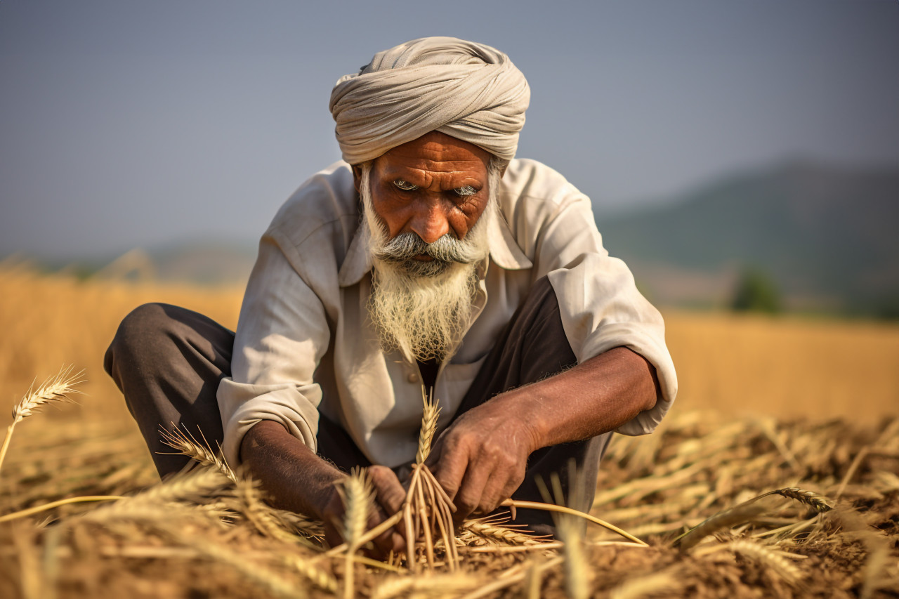 Indian farmer working in maharashtra wheat field