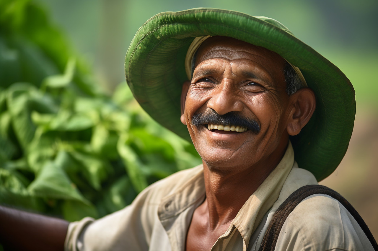 Happy indian farmer portrait in rural india