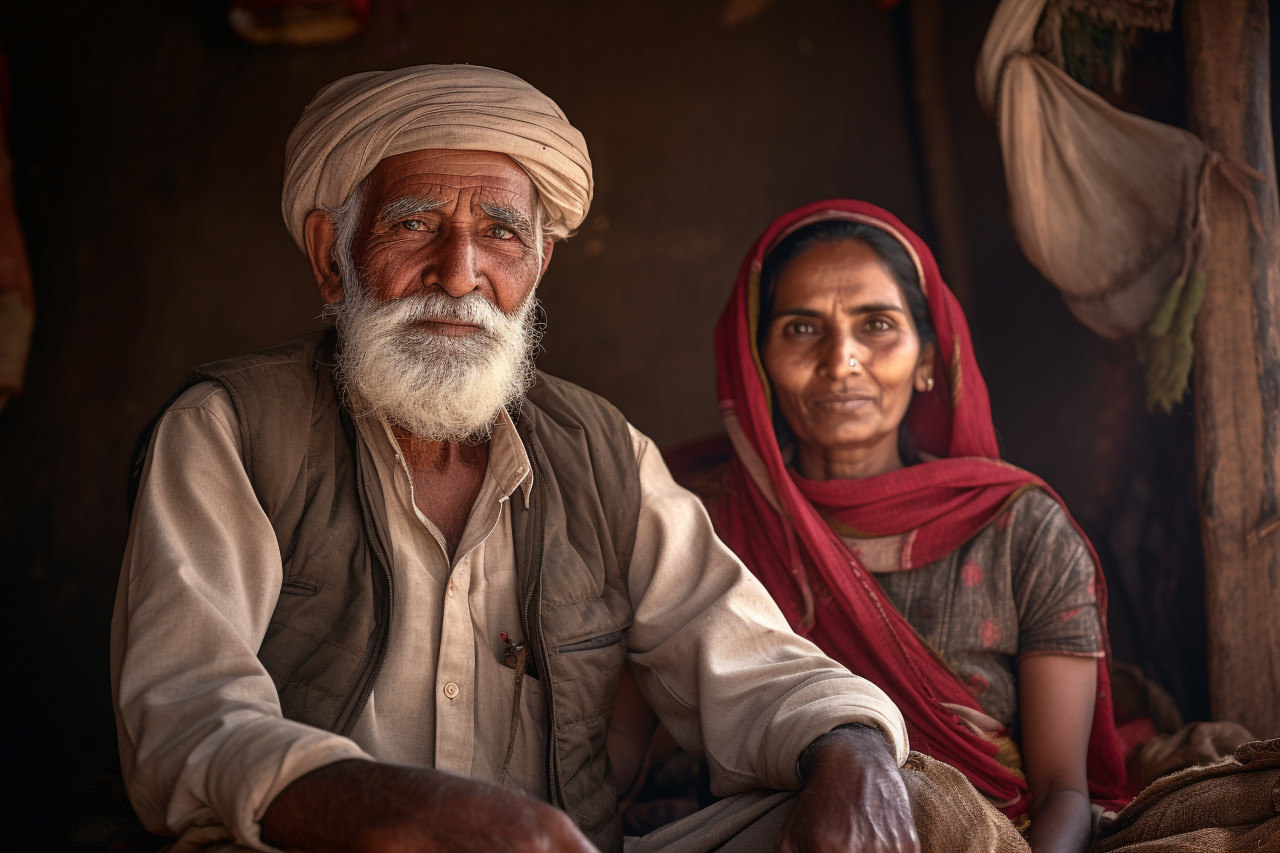 Old indian farmer couple photo at home