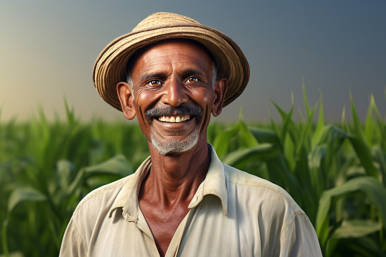 Happy indian farmer portrait in rural india