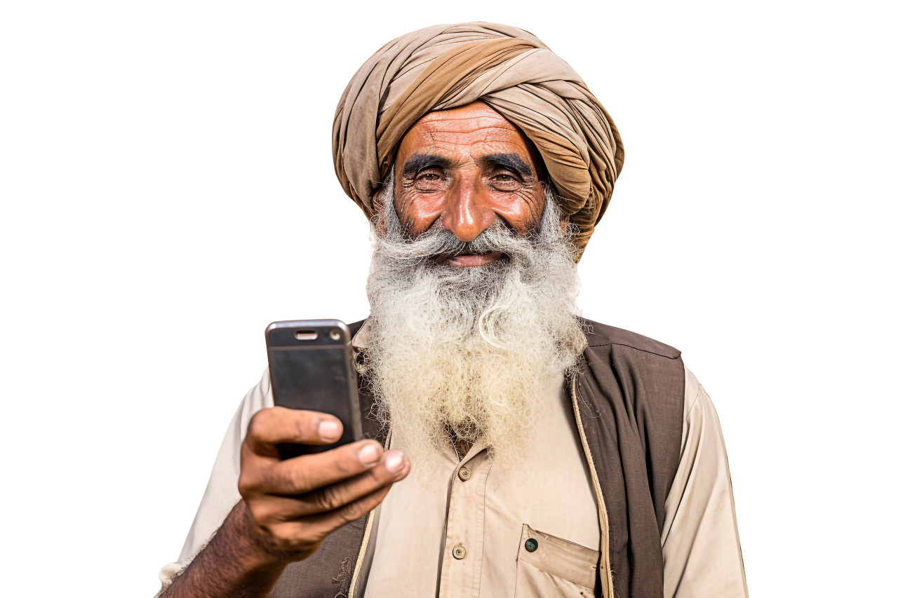 Indian farmer with mobile phone on white