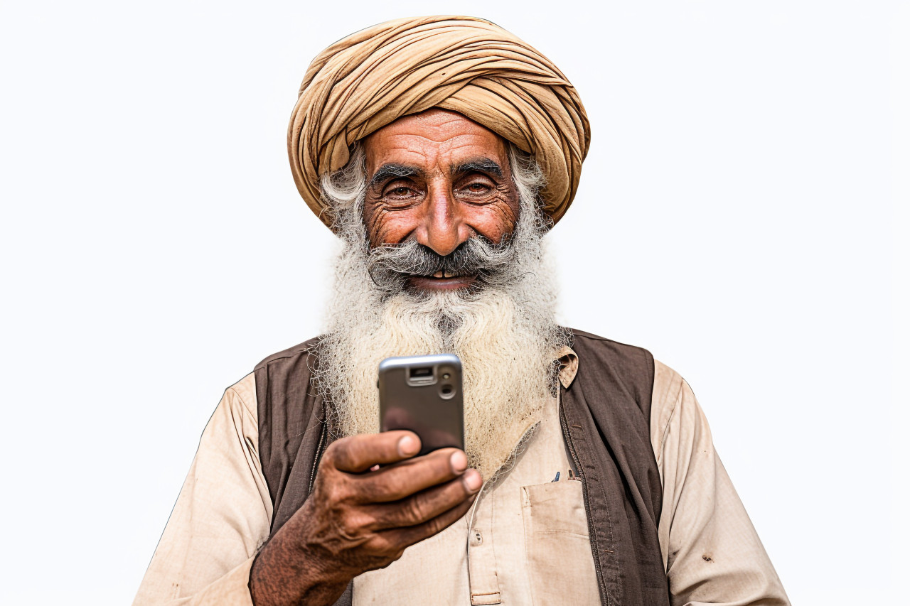Indian farmer with mobile phone on white