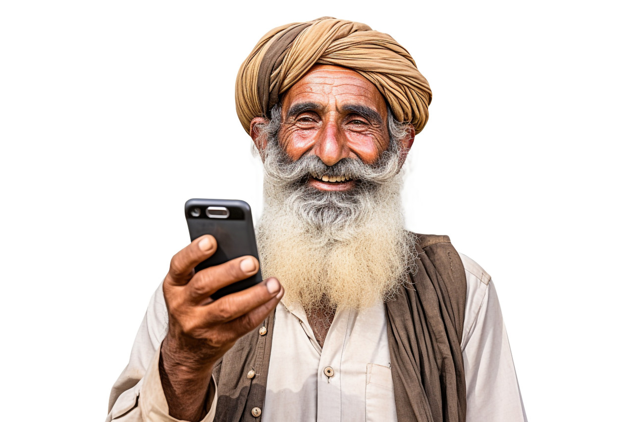 Indian farmer with mobile phone on white