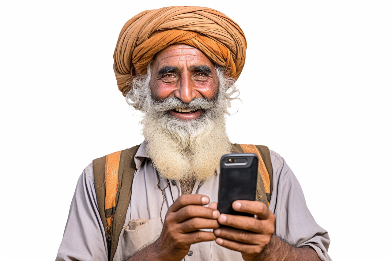 Indian farmer with mobile phone on white