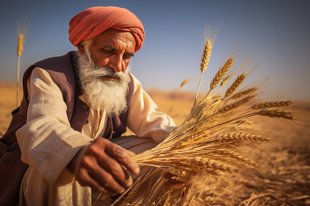 Indian farmer scatters wheat in field