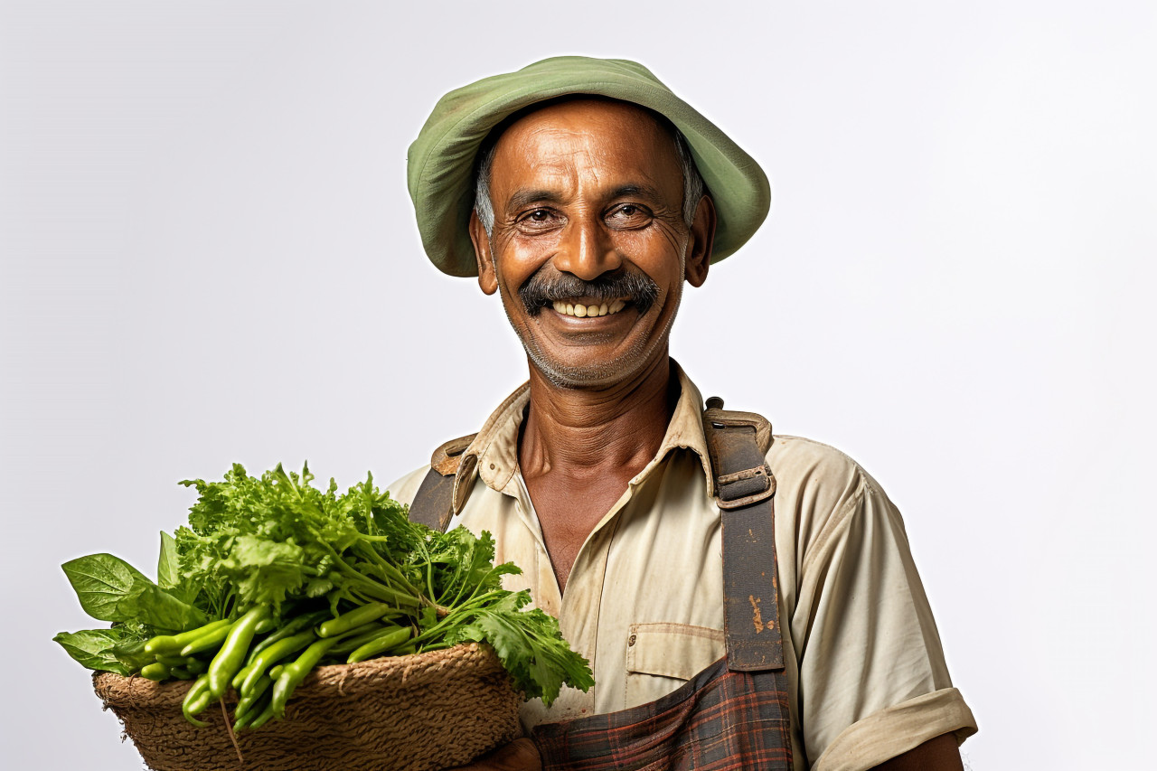 Cheerful indian farmer portrait on white background