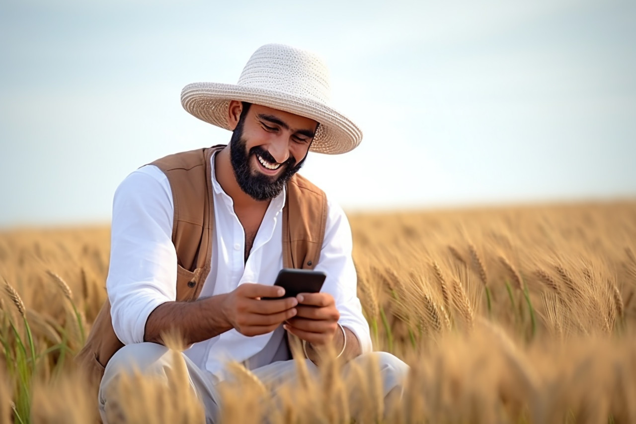 Young indian farmer checking smartphone in wheat field
