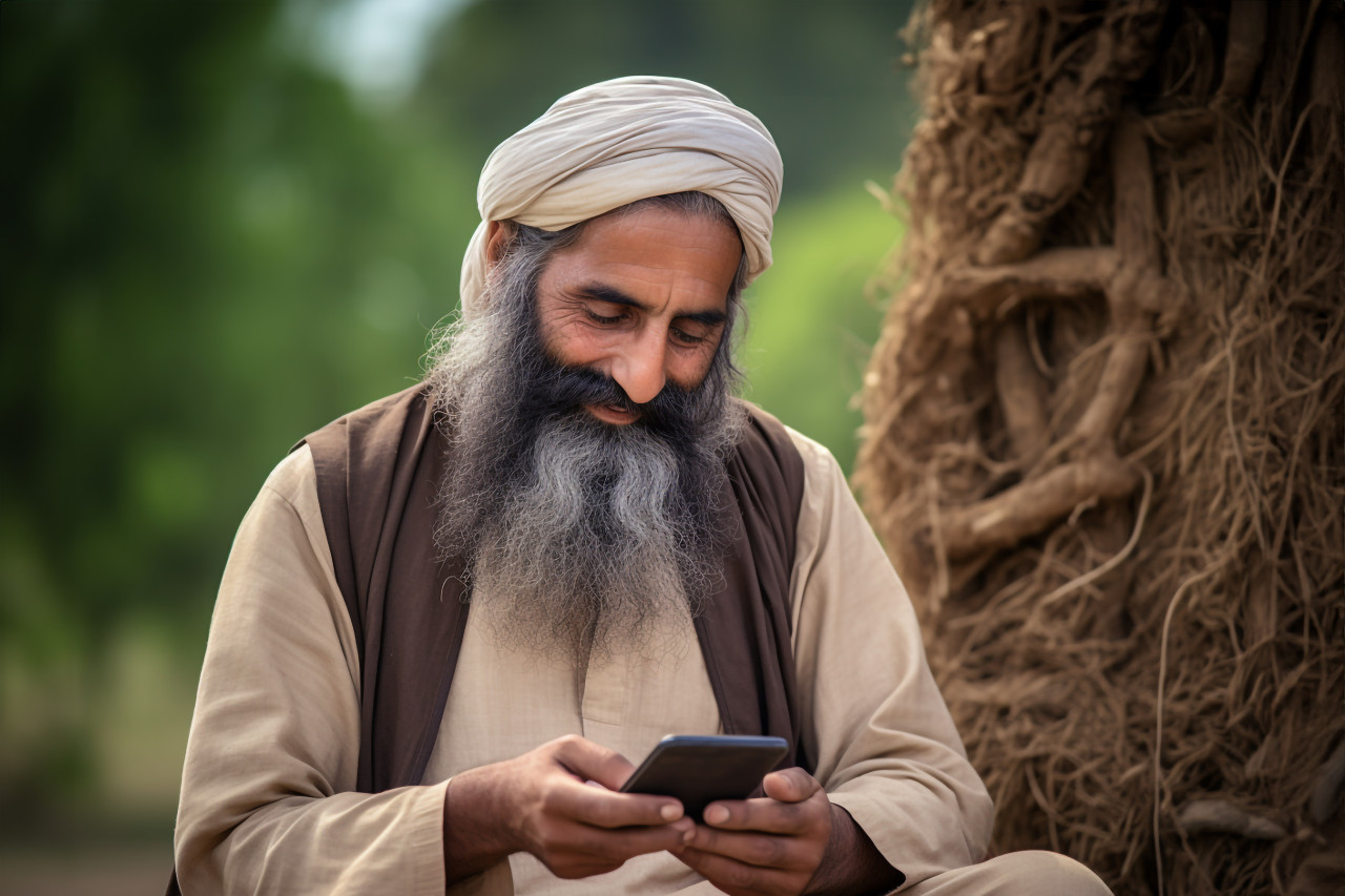 Indian farmer in rural india with smartphone