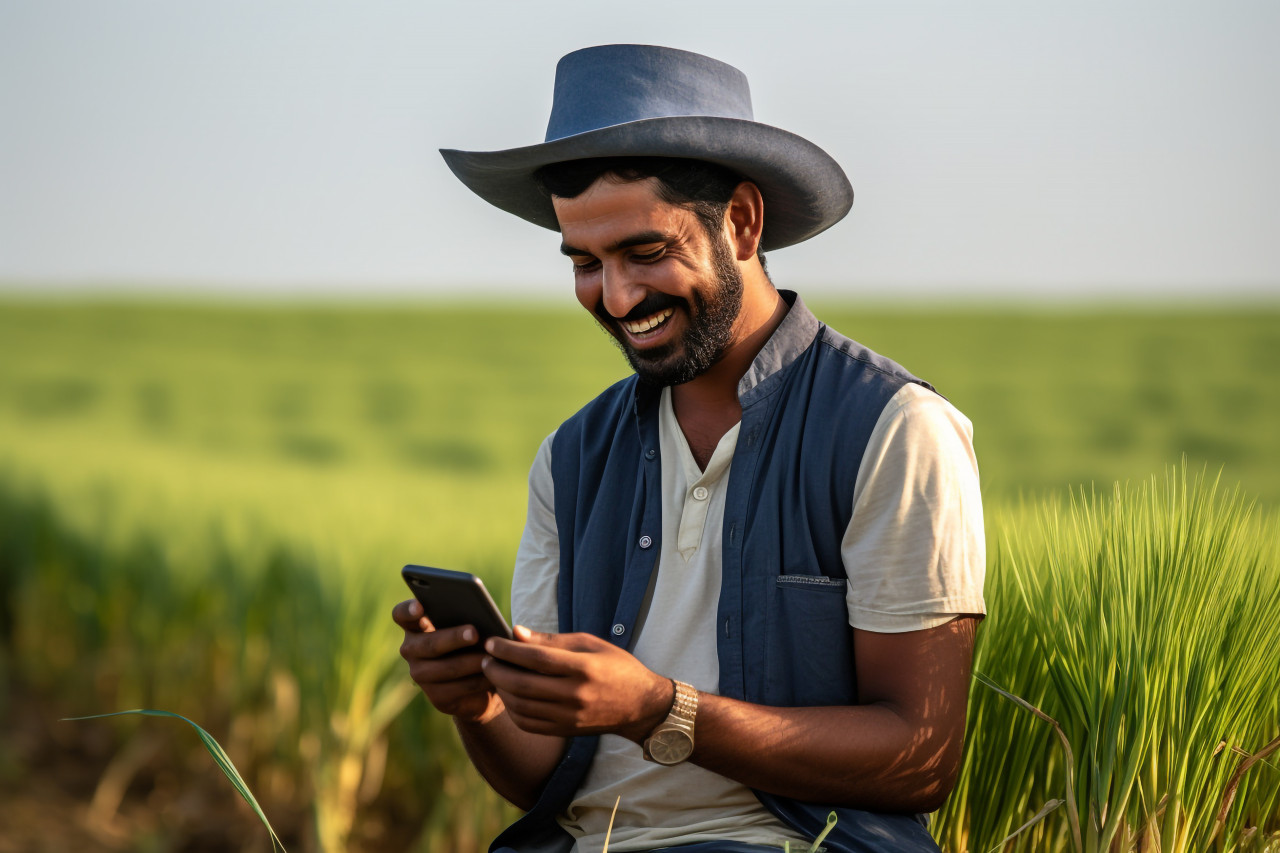 Young indian farmer checking smartphone in wheat field