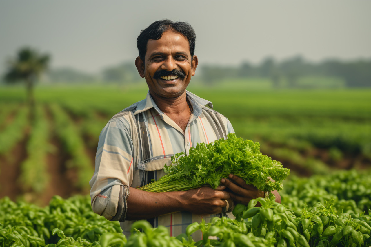 Indian farmer smiling in agriculture field