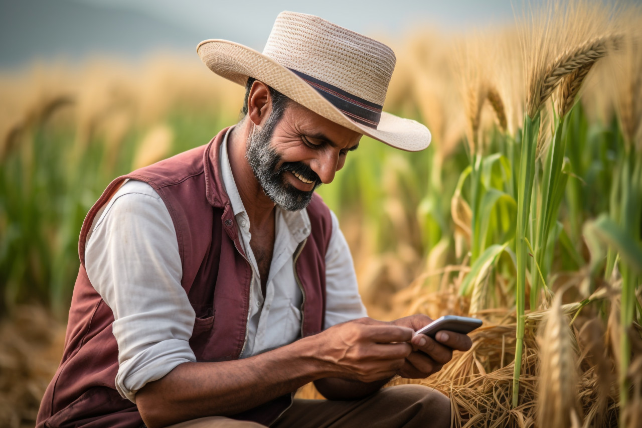 Young indian farmer checking smartphone in wheat field